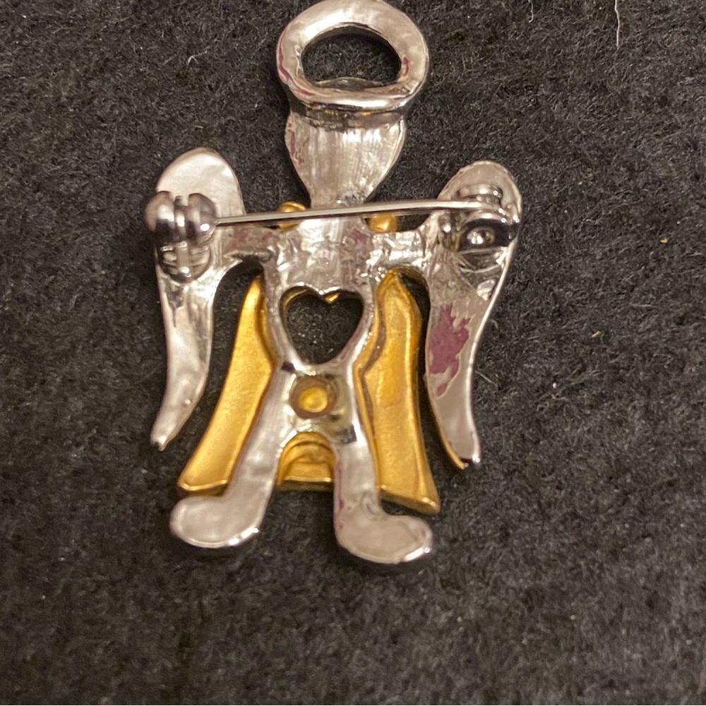 Vintage Two Tone Angel Halo Heart With Wings Brooch Matte Gold & Mirror Silver. - Picture 2 of 2